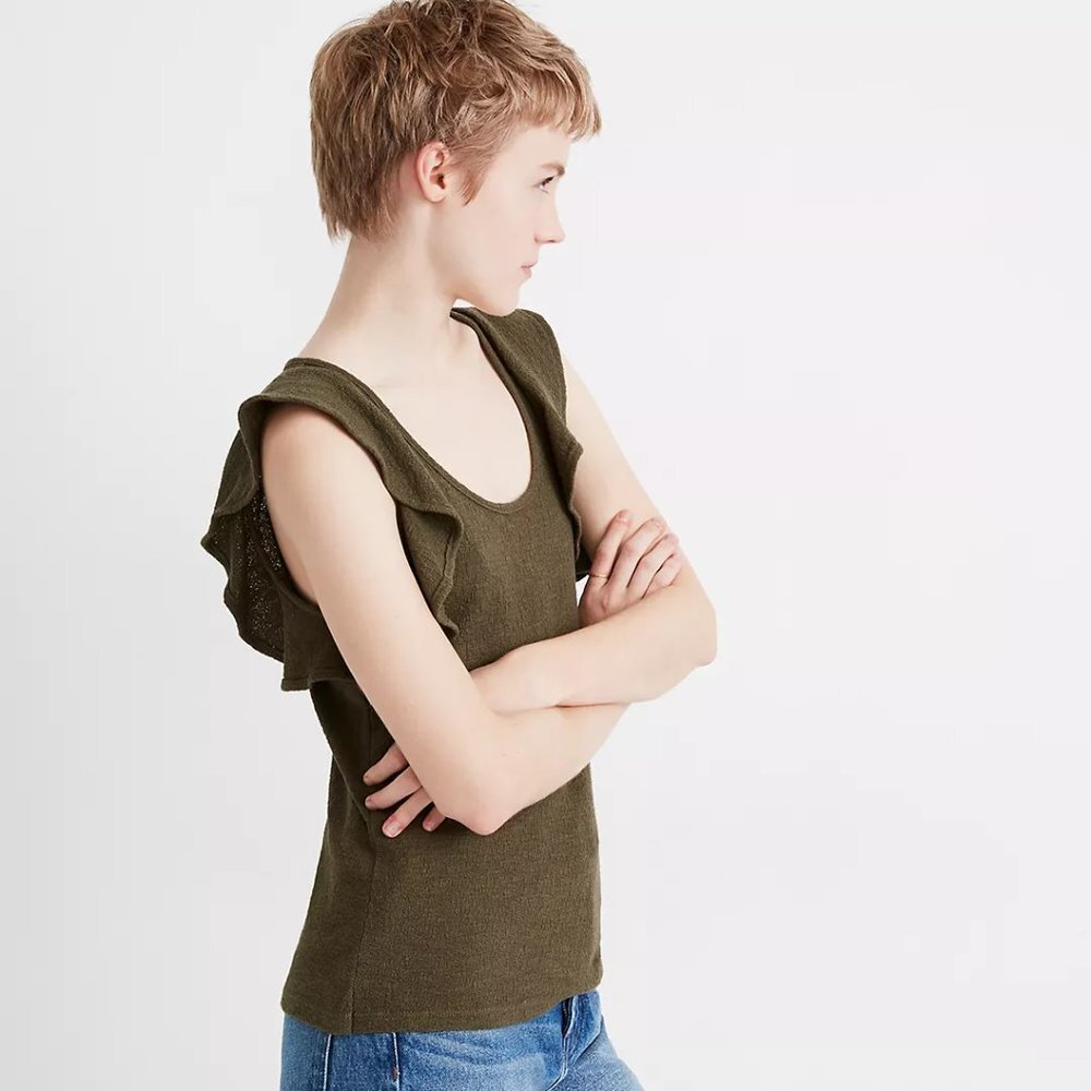 Madewell Ruffle sleeve sleeveless top shirt blouse olive knit cotton new 2X